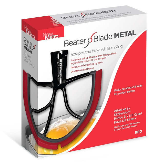 New Metro Design XL-MAX Metal Beater Blade, works with KitchenAid 5+, 6, 7, 8-Quart Stand Mixers, Red