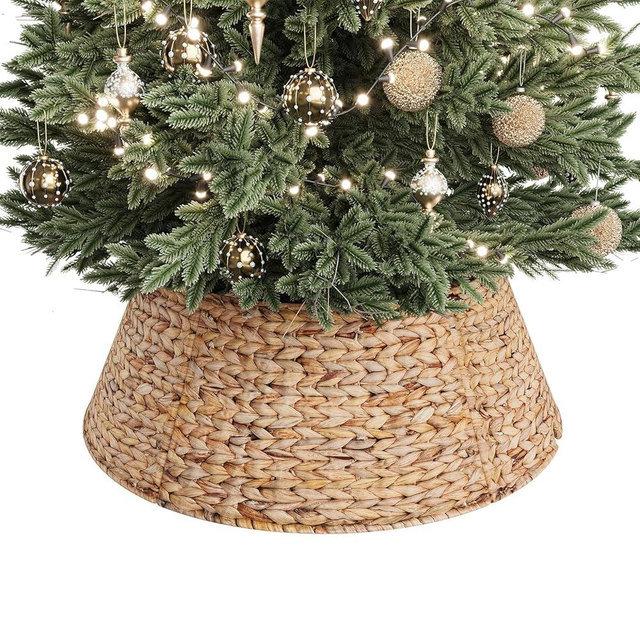 ELYKEN 28-Inch Woven Rattan Christmas Tree Collar, Stylish Hyacinth 5-Piece Tree Skirt for Artificial Trees, Wicker Tree Base Cover with Cord Cut-Out for Home Decor, Living Room Display, Natural