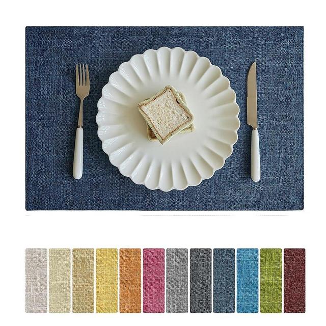 Softalker Faux Linen Placemats Set of 4-12 x 18 Inch, Heat Resistant Double Layered Durable Burlap Farmhouse Place Mats, Non-Slip Washable Rustic Table Mats for Dining, Kitchen, Party（Navy Blue