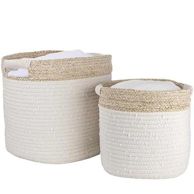 LA JOLIE MUSE Cotton Rope Storage Baskets with Corn Skin Set of 2, Organizer Bins for Baby Toys Laundry Blankets, Home Décor Gift, 16.0 x 13.0 x 14.0 Inches, White, Beige Patterned