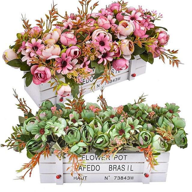 Artificial Flowers - Potted Fake Camellia, Faux Camellia Flowers with Daisy in White Wooden Vase for Home Party Wedding Office Desktop Decoration (Camellia, Set of 2)