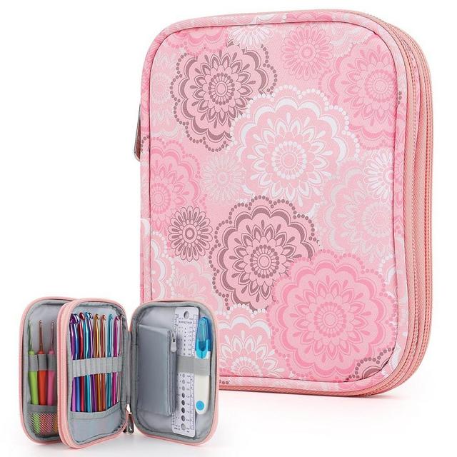 Katech Crochet Hook Case-Empty Zipper Bags Portable Travel Crochet Storage Bag Organizer with Web Pocket and Crochet Hook Holder Slots for Carrying Crochet Needles (Up to 7'')