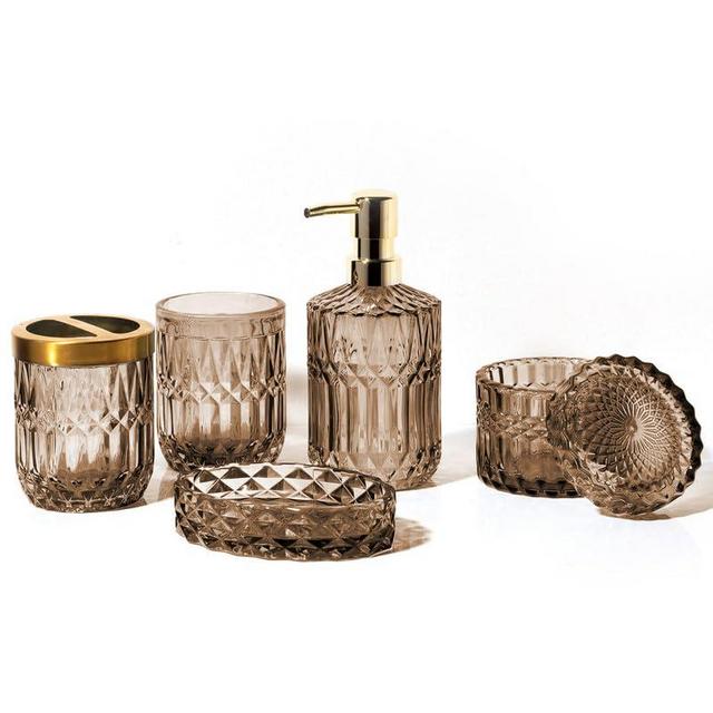 EMPO 6PCS Bathroom Clear Glass Accessories Set (Lotion Soap Dispenser, Soap Dish, Toothbrush Holder, Tumbler, Cotton Swab Jar), Contemporary Modern Decor Crystal Vintage Gift (6pcs Brown)
