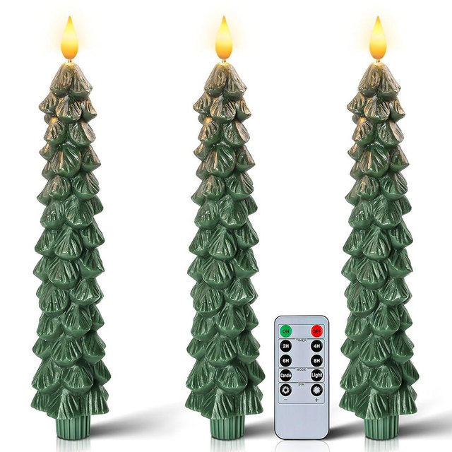 Homemory 3 Pcs Christmas Tree Candles with Remote, Waxy Flameless Taper Candles Flickering, Green LED Candlesticks Battery Operated for New Year Celebration Holiday Decorations 9.7 Inches