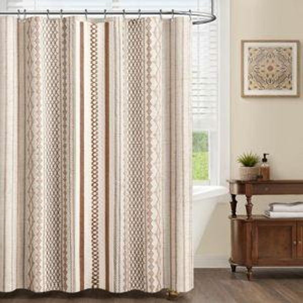 Boho Linen Shower Curtain for Bathroom,Brown Striped Print and Twine-Inspired Woven Center,72" W x 72" L