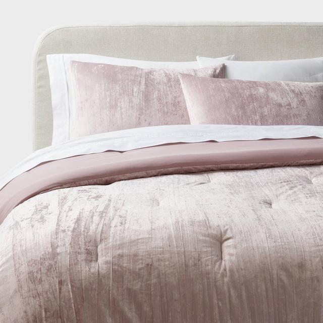 3pc Full/Queen Luxe Distressed Crinkle Velvet Comforter and Sham Set Mauve - Threshold™: Recycled Polyester, OEKO-TEX Certified