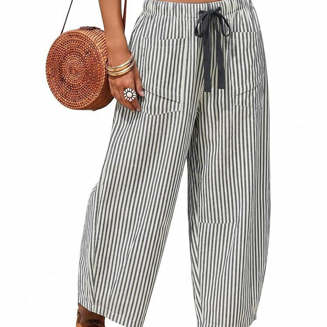 EsheSy Women's Casual Barrel Pants Summer Striped Drawstring Wide Leg Trousers Beach Lounge Capri Pants with Pockets