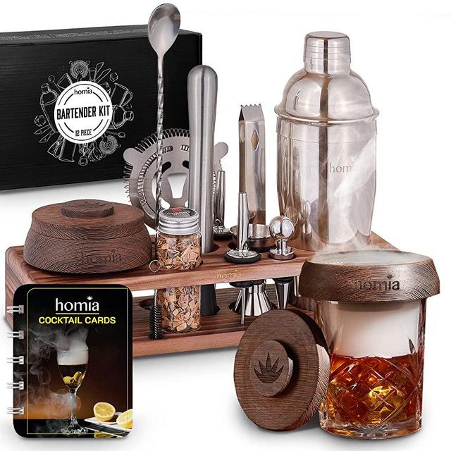 Bartender Kit with Whiskey Smoker - 13 pcs, Pine Stand - Bar Set with Cocktail Shaker, Bartending Kit with Essential Bar Accessory Tools, Wood Chips, Steel (Torch not Included)