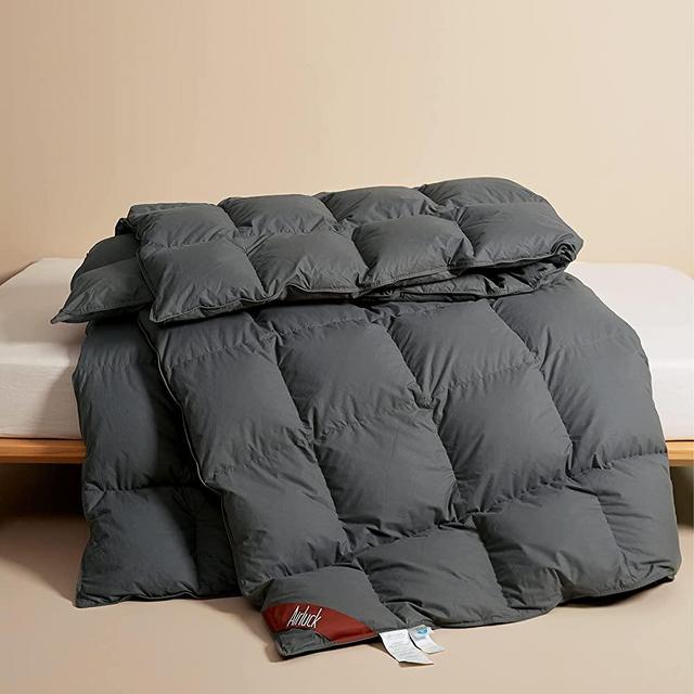 Airluck Feather Down Comforter King Size Hotel Fluffy Duvet Insert All Seasons Down Blanket Grey 106x90 inches Medium Warm 60oz Soft Down Proof Cotton Poly Cover with Corner Tabs