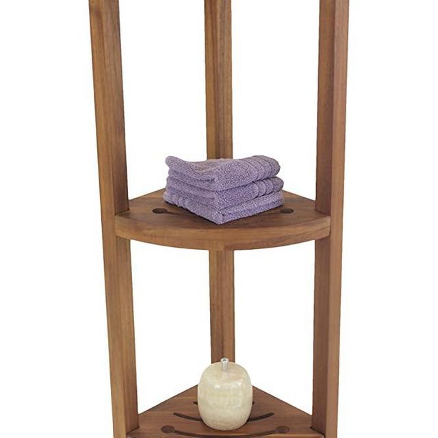 AquaTeak Patented Kai Corner Teak and Stainless 3 Shelf Corner Stand with Square Legs
