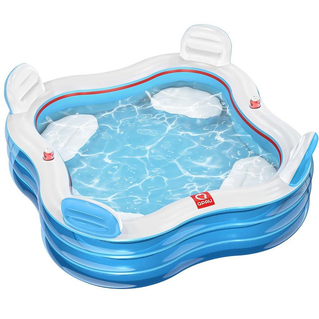 QPAU Inflatable Swimming Pool, Full-Sized Blow Up Pools with Seats and Backrests, Kiddie Pool for Outdoor & Backyard, for Family Summer Time Fun, Jelly Blue