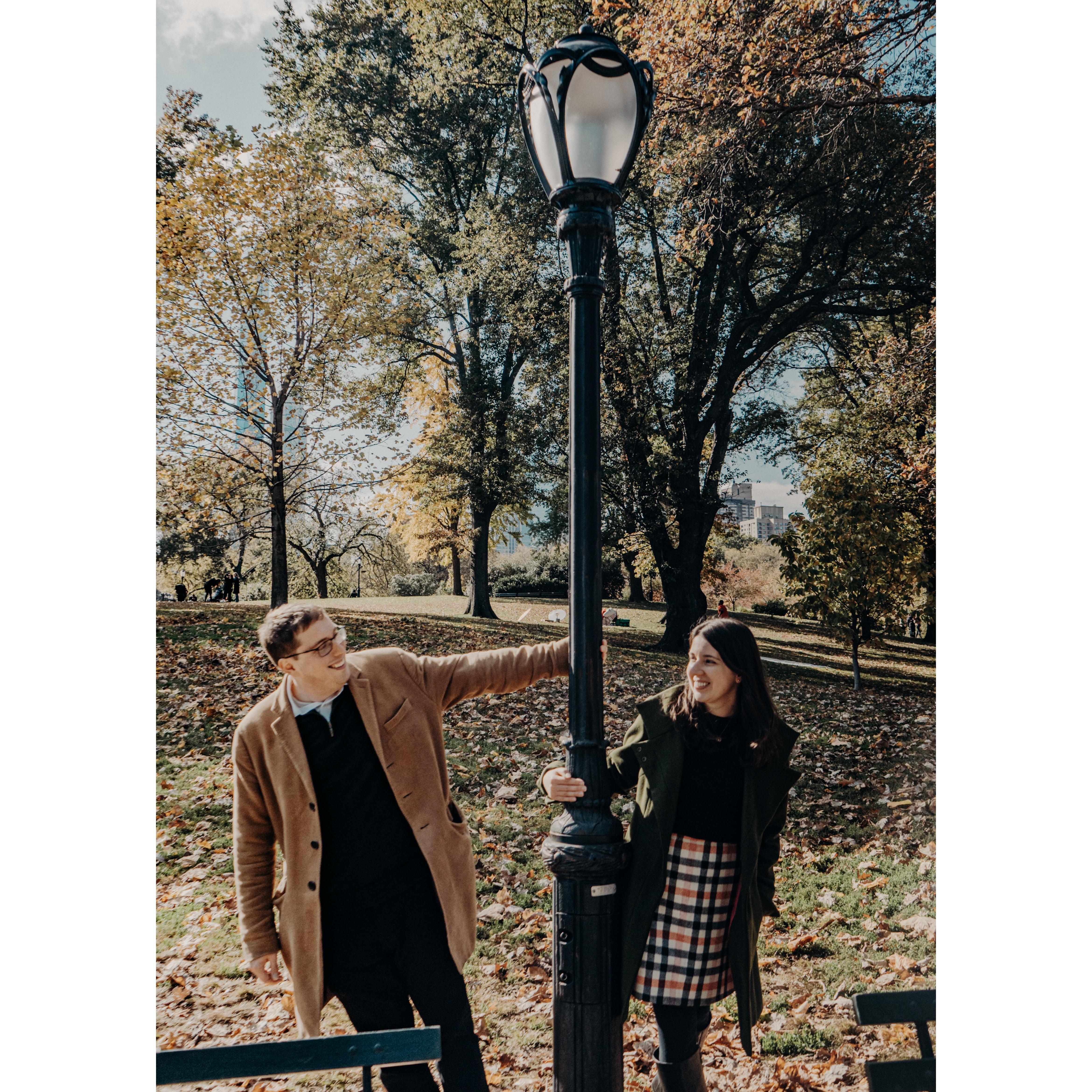 Central Park, November 2019. Kathy dragged Matt on a long Cambridge walk to find a lamppost that inspired C.S. Lewis. It was futile, but lampposts are now our thing. Photo thanks to Alisa Zeljeznjak.