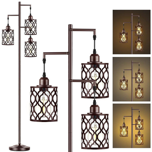 68" Farmhouse floor lamp, Dimmable Industrial Floor Lamps for Living Room, 3 Light Rustic Standing Tall Lamp Including 3 PCS 6W E26 Bulbs, Tree Floor Lamp for Bedrooms Room, Office, Bar, Brown