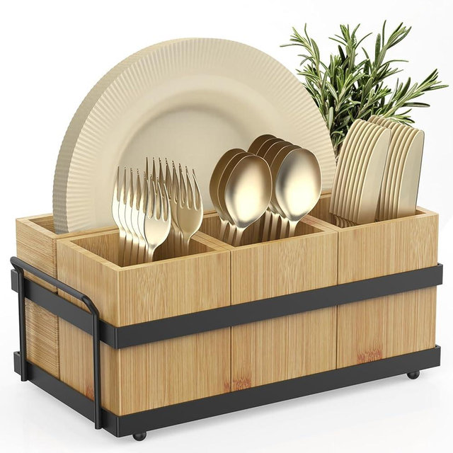 Neaclynn Silverware Caddy for Party, Silverware Holder with 4 Removable Compartments for Countertop Organizing Utensils, Paper Plates, Flatware, Wood Sevring Caddy
