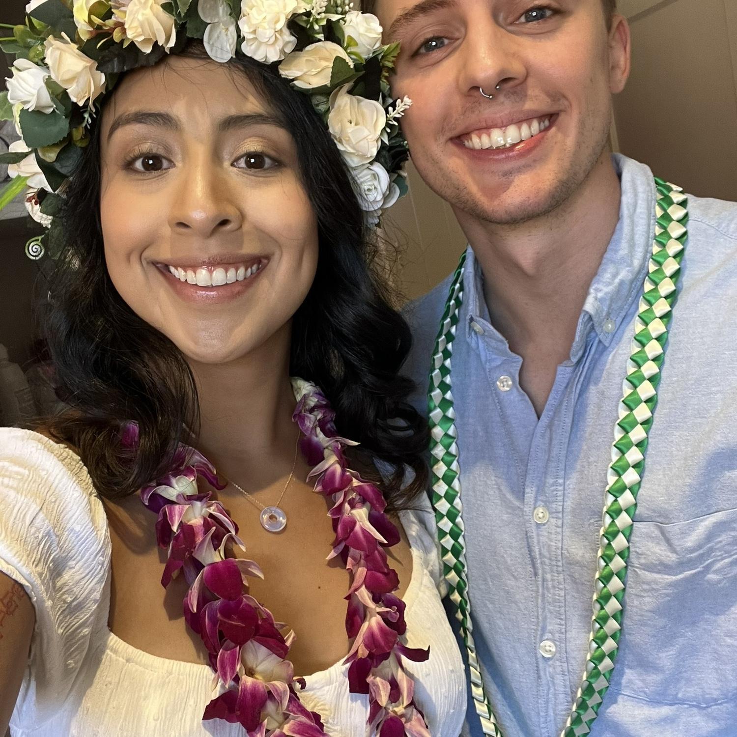 Getting ready for our engagement shoot. The beautiful lei gifts were from our Maui friends and coworkers!