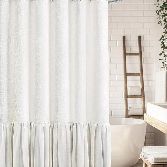 XOGUIBO Farmhouse Shower Curtain with Ruffle Hem Linen White Shower Curtains for Bathroom Country Vintage Rustic Natural Fabric, 72" W x 84" L