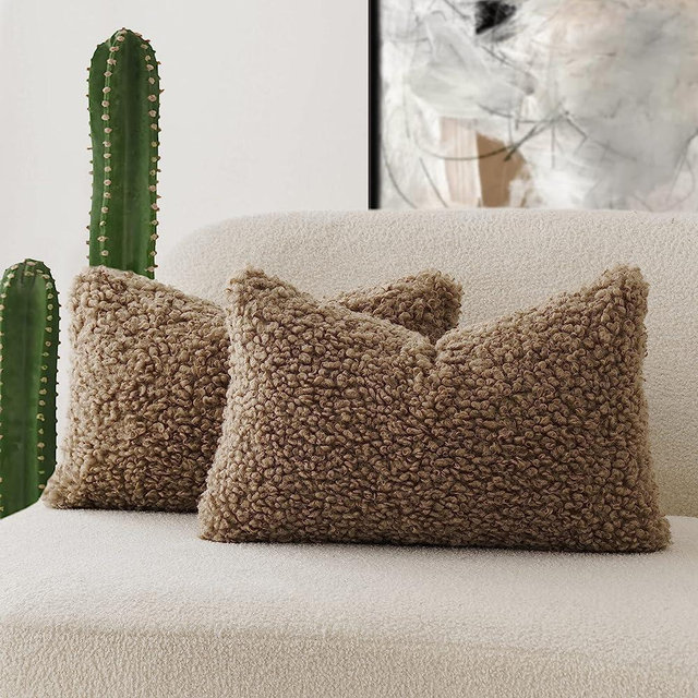 Foindtower Set of 2 Curly Teddy Wool Pillow Covers Decorative Boucle Textured Lumbar Throw Pillow Faux Fur Pillowcases Sheepskin Cushion Case for Sofa Bedroom Car 12"x20" Khaki