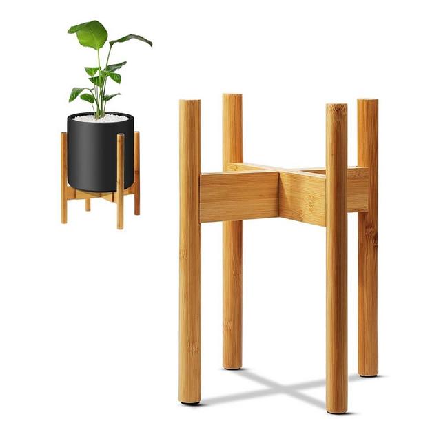 Mozing Adjustable Plant Stand for Indoor Outdoor - Bamboo 2-Tier Expandable Shelf (19"-37") w/ Drainage Holes | Dual-Sided Flower Pot Holder for Corner Balcony Patio