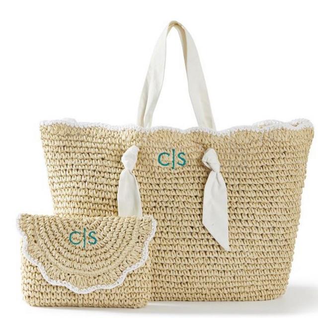 Ribbon Scalloped Raffia Tote and Clutch Set