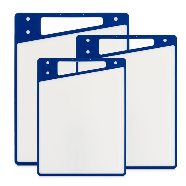 JoyJolt Plastic Cutting Board Set. White and Blue Cutting Boards for Kitchen Dishwasher Safe with Handle. Non Slip Large and Small Chopping Board Set; Meat Cutting Board with Juice Groove.