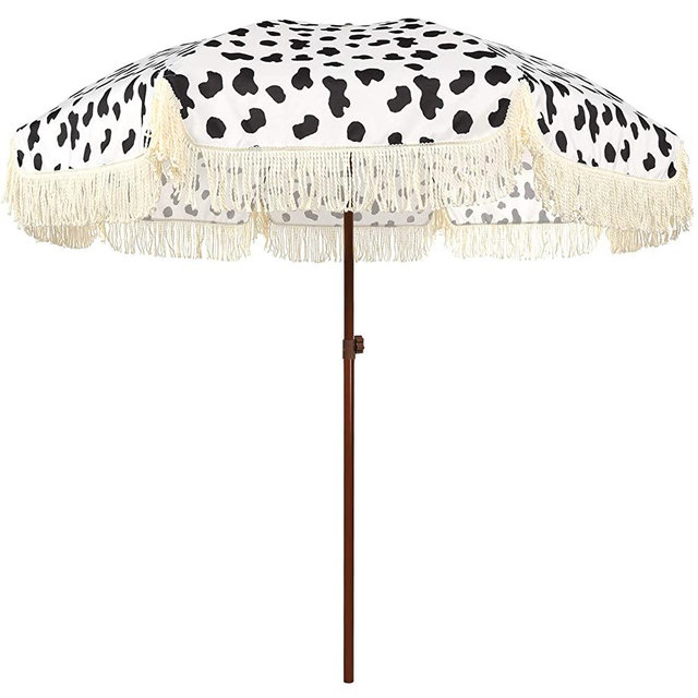 AMMSUN 7ft Patio Umbrella with Fringe Outdoor Tassel Umbrella UPF50+ Wood Color Steel Pole and Steel Ribs Push Button Tilt - Cow Dots