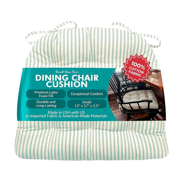 Barnett Home Decor Ticking Stripe Aqua Dining Chair Pad with Ties - 15 x 17 Size Small Chair Cushion - Latex Foam Fill - Machine Washable, Reversible, 100% Cotton, Made in USA (Turquoise)