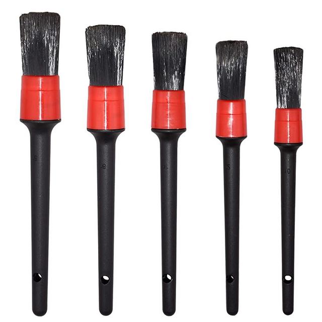 Detailing Brush Set -5 Different Sizes Premium Natural Boar Hair Mixed Fiber Plastic Handle Automotive Detail Brushes for Cleaning Wheels, Engine, Interior, Air Vents, Car, Motorcy