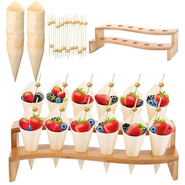 Queekay Food Cones 100 Pcs Disposable Paper Cone for Food with 12 Holes Wood Ice Cream Cone Holder Stand Charcuterie Cones Holder 100 Fancy Toothpicks for Catered Events Buffets Parties(Curved)