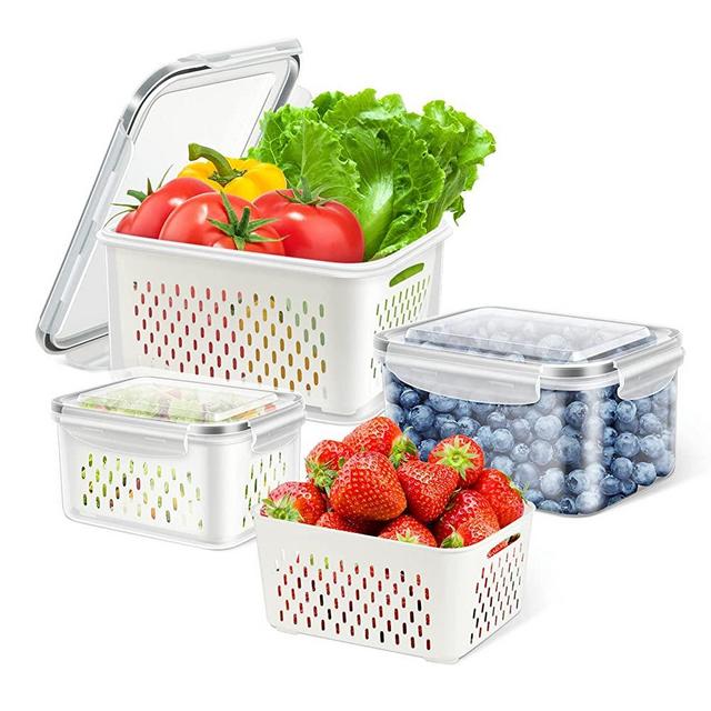 TBMax Fresh Produce Storage Containers with Strainers, 3 Pieces Vegetable Fruit Storage Container, BPA-Free Fridge Organizers
