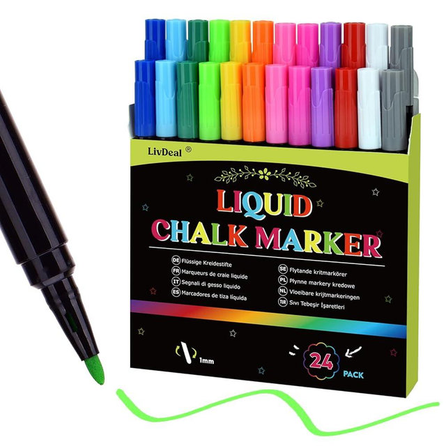 LivDeal 24 x Chalk Markers,Liquid Chalk Markers, Chalkboard Markers for Acrylic Fridge Calendar Board,Window, Mirror,Glass,12 Vibrant Colors, 1mm Fine Points