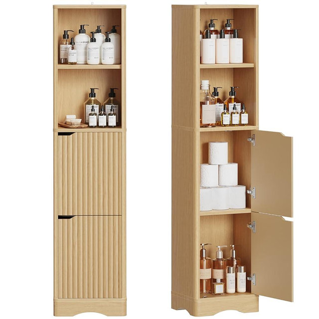 Rymeera 67" Tall Bathroom Organizer and Storage, Narrow Storage Cabinet with 2 Doors and 4 Shelves, Freestanding Floor Storage Unit,15.7" W x 11.8" D x 66.9" H, Nature