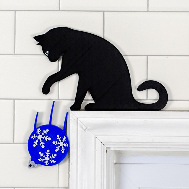 Cute Christmas Cat Door Topper | Funny Cat Knocking Christmas Decoration Off Door Corner | Over the Door Corner Decor | Black or White Cat