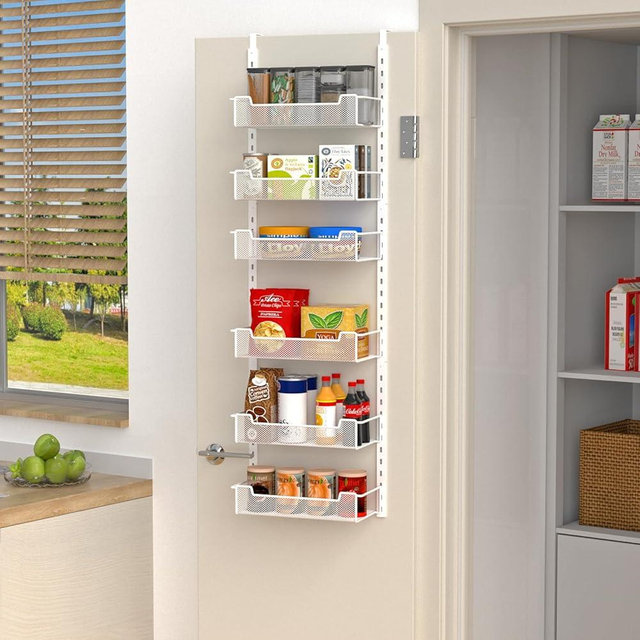 VyGrow 12.3" W Narrow Over the Door Pantry Organizer, 6-Tier Over the Door Organizer with Adjustable Basket, Pantry Door Organization for Pantry Kitchen Storage Room Spice Rack, White