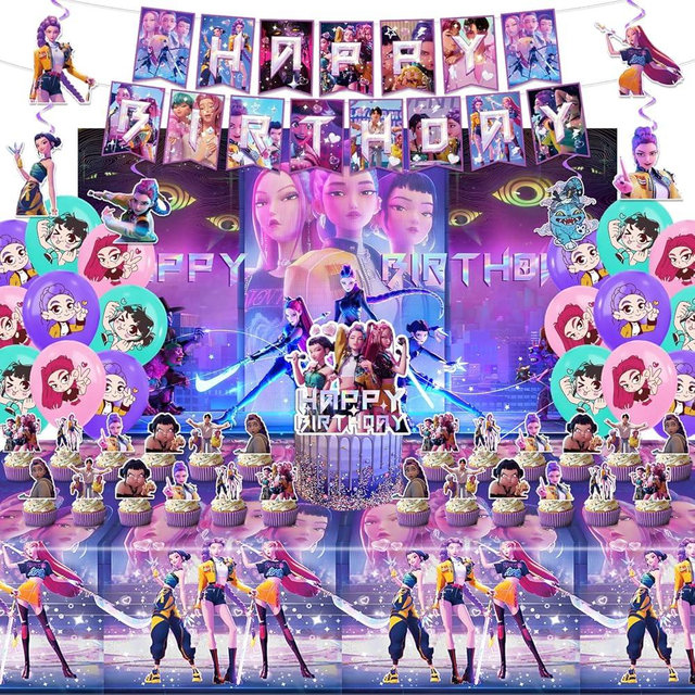 AIXPROBEAD Demon Hunters Birthday Decorations, Party Supplies Set Include Banner, Backdrop, Balloons, Hanging Swirls, Cake Cupcake Toppers, Tablecloth for Boys Girls Kpop Theme Party