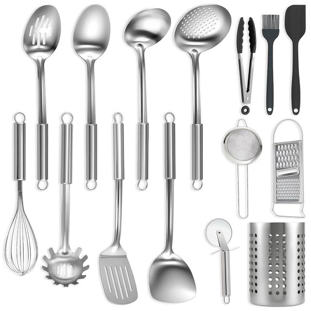 BEWOS Cooking Utensils Set 15 Piece - Stainless Steel Kitchen Utensils Set, Kitchen Tools Set with Spatula and Holder, Non-Toxic, Dishwasher Safe & Heat Resistant