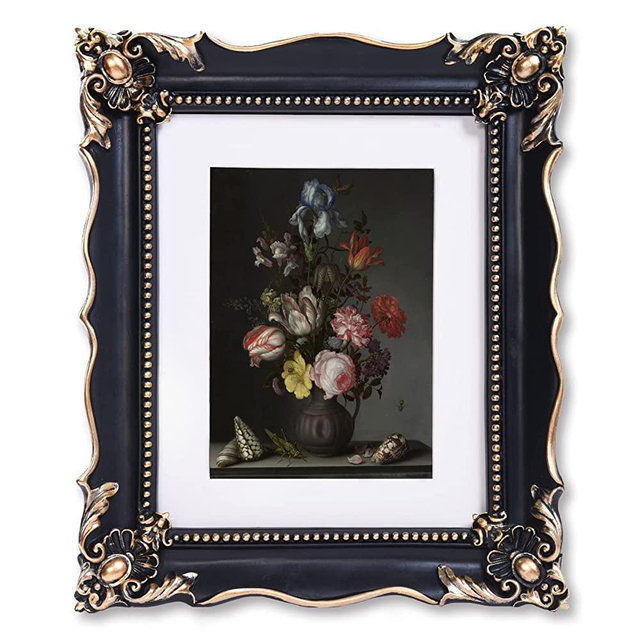 Saysmile 8x10 Vintage Picture Frame with Embossed Flower Design, Black Ornate Frame for 8x10 or 5x7 Pictures with White Mat, Hand-Crafted Resin Antique Frames for Tabletop & Wall Hanging, Home Decor (Black, 8x10)