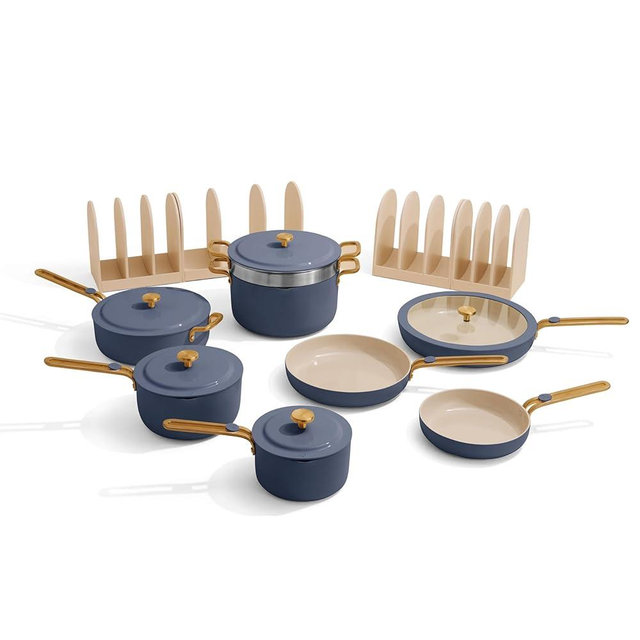 Our Place 17-Piece Essentials Complete Cookware Set - Ceramic Fry Pans, Saucepans, Sauté Pan, Stock Pot, Strainer Basket & Modular Storage | Thermakind™ Nonstick, Oven Safe up to 450°F | Blue Salt