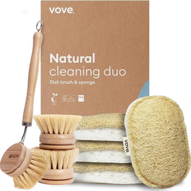 Vove Eco Kitchen Cleaning Bundle | Bamboo Dish Brush & 6 Natural Sponges | 3 Replacement Heads | Sustainable & Plastic-Free | Versatile Cleaning | High-Performance