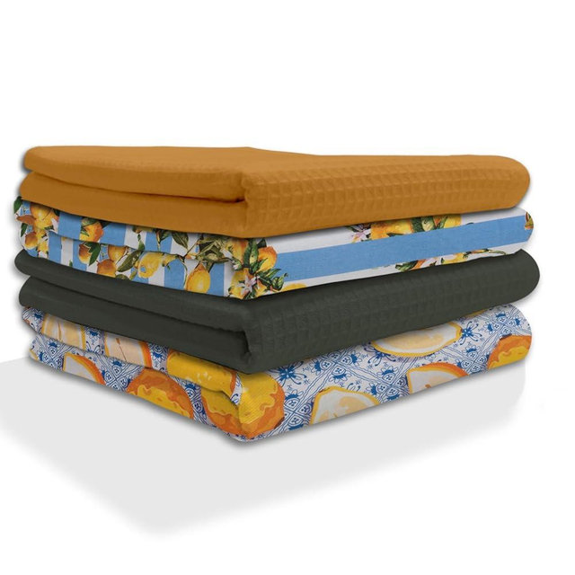 IXORA DECOR 100% Cotton Kitchen Towels Set of 4 | 2 Solid Dyed Waffle Weave Dishcloths & Citrus Digital Print Kitchen & Table Linen Cloth | Super Absorbent Napkins | 50 x 70 Inches