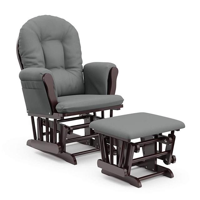 Storkcraft Premium Hoop Glider and Ottoman (Espresso Base, Gray Cushion) – Padded Cushions with Storage Pocket, Smooth Rocking Motion, Easy to Assemble, Solid Hardwood Base