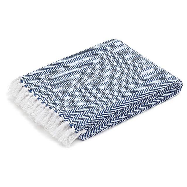 Americanflat Zaina Throw Blanket in Blue and White Herringbone - 100% Cotton with Fringe - 50" x 60"