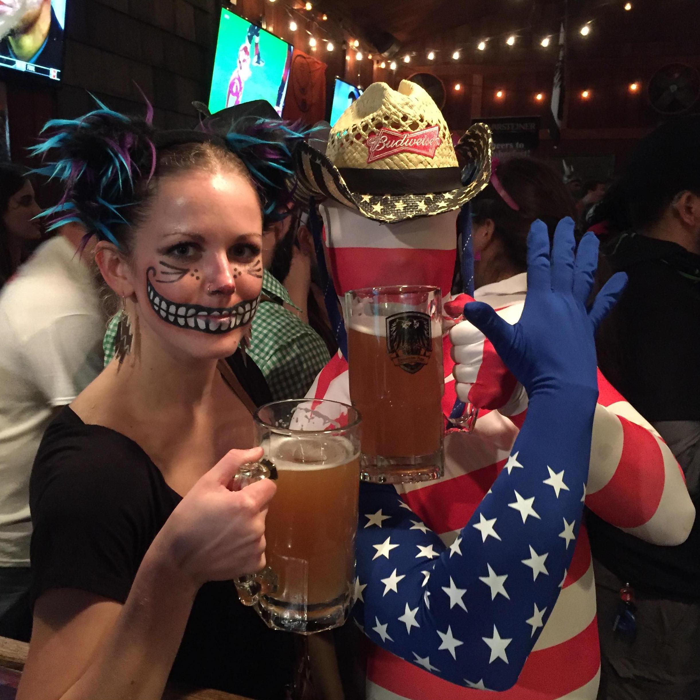 Us sporting as Cheshire Cat and Budweiser man in 2015.