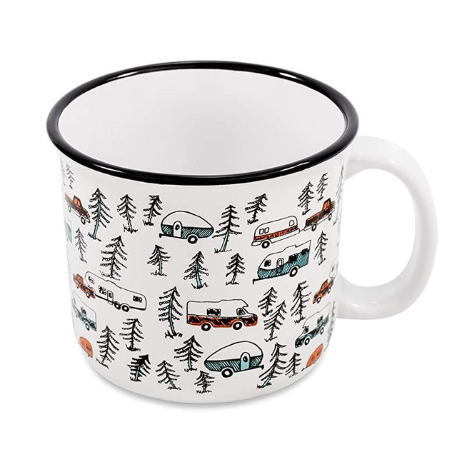 Camco 53383 Life is Better at the Campsite 14 oz. Ceramic Mug, White - Microwave and Dishwasher Safe - Features a Sketch Design