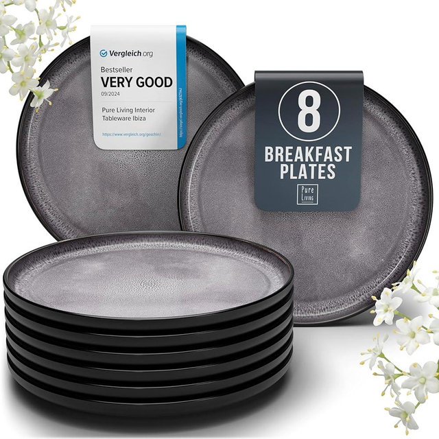 PURE LIVING INTERIOR DESIGN Breakfast Plates, Dessert Plates 8-piece Set Stoneware - Stylish Cake Plates Dishwasher-, Microwave-, Scratch-resistant - Small Plates, Salad Plates in Dark Gray