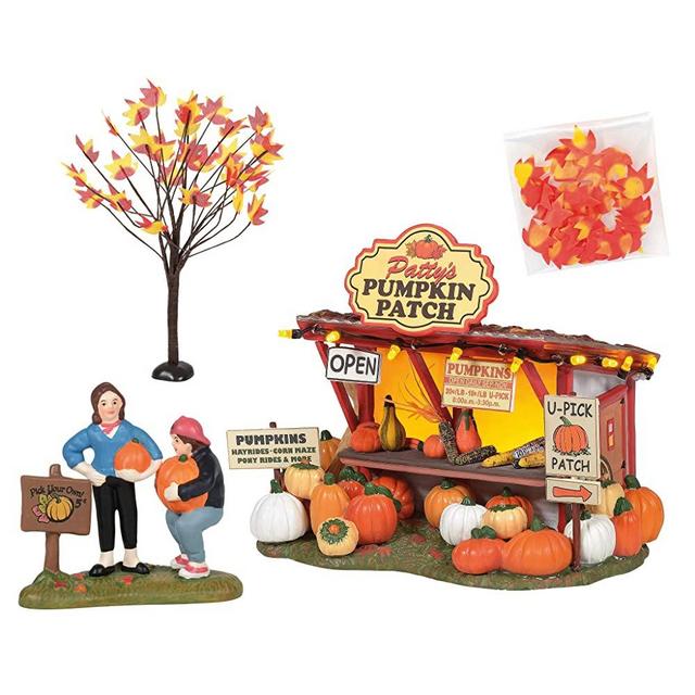 Department 56 Snow Village Halloween Harvest Patty's Pumpkin Patch Lit Building and Accessories Boxed Set, 4.7 Inch, Multicolor