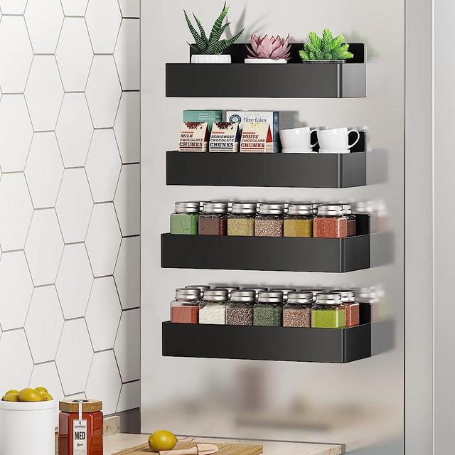 Mystozer 4-Pack Magnetic Spice Rack Organizer for Refrigerator, Plastic Fridge Shelf, Black