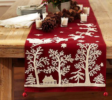 Sleigh Bell Crewel Embroidered Table Runner