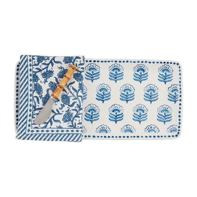 Mud Pie Block Print tray 6 1/2" x 14" | spreader 5 1/2" | towel 21" x 14", Blue