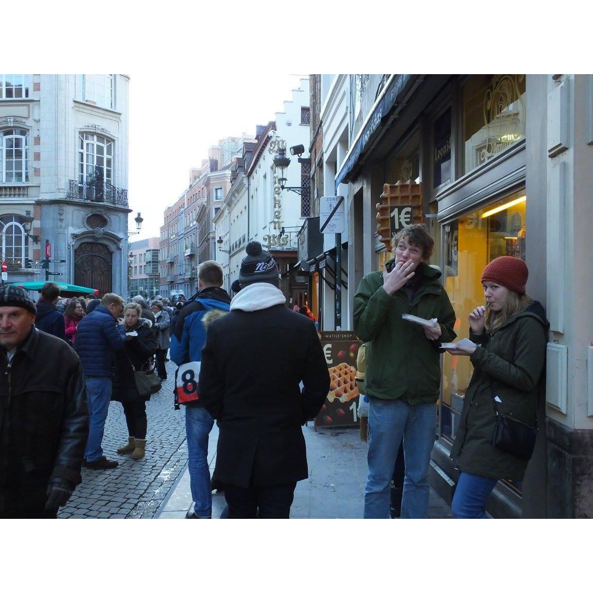 Eating Belgian waffles in Brussels. 