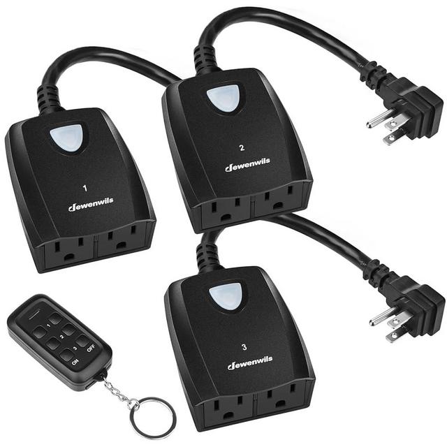 DEWENWILS Outdoor Remote Control Outlet, Weatherproof Wireless Electrical Plug in Christmas Light Switches, 7" Extension Cord,15 AMP, 100 FT Range, ETL Listed, 1 Remote 3 Outlets for Lamp/Lights/Fans